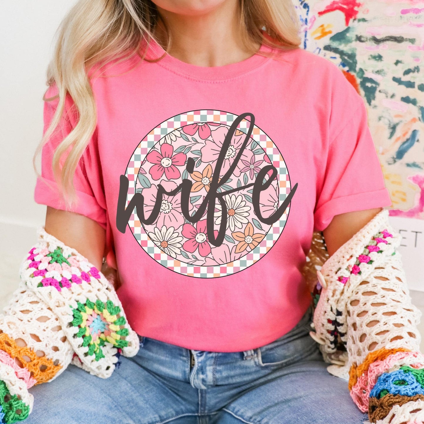 Floral Checkered Graphic Tees - Multiple Options