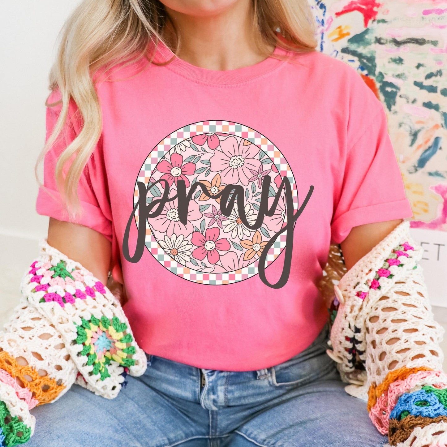 Floral Checkered Graphic Tees - Multiple Options