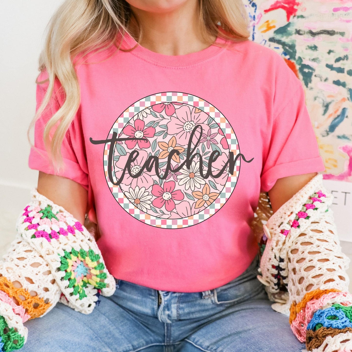 Floral Checkered Graphic Tees - Multiple Options