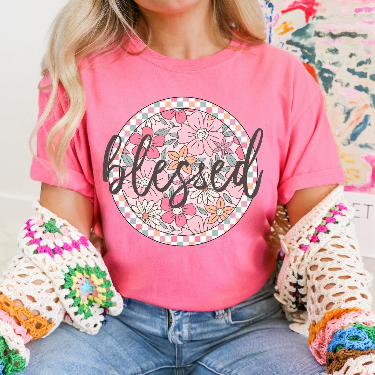 Floral Checkered Graphic Tees - Multiple Options