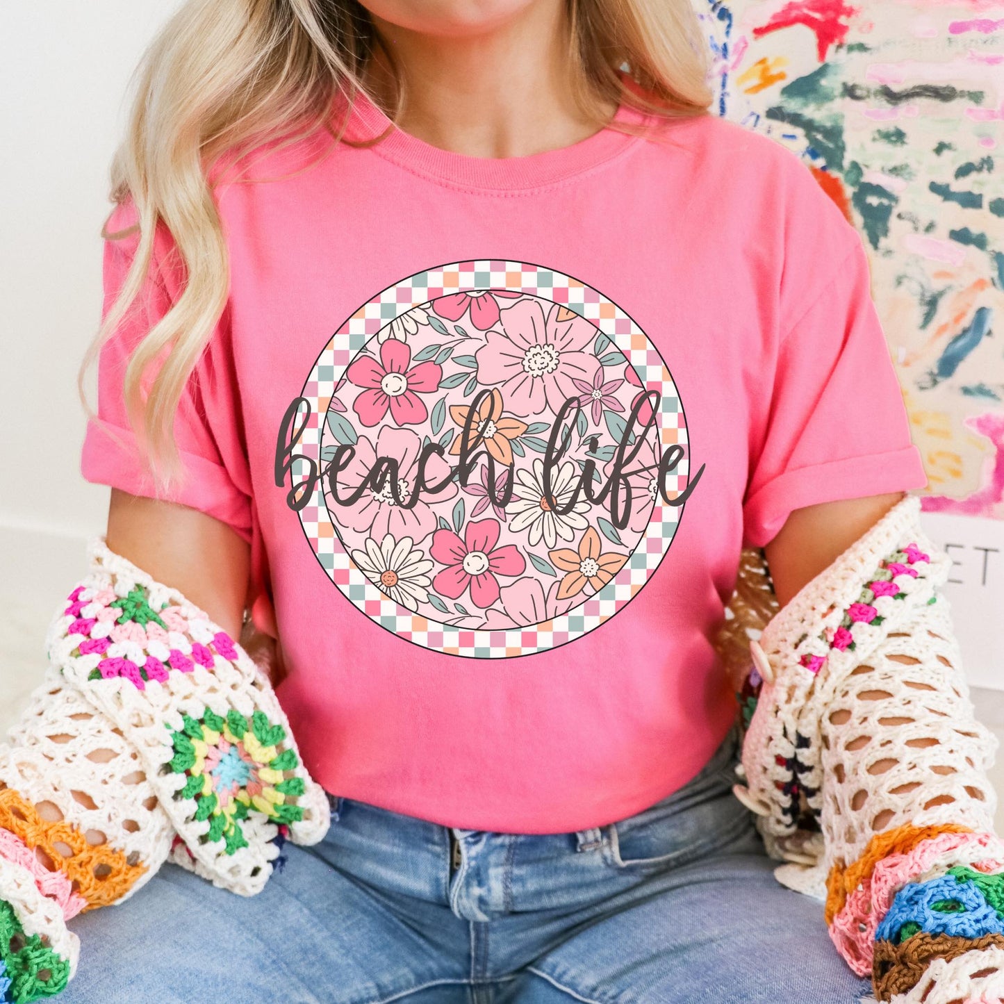 Floral Checkered Graphic Tees - Multiple Options