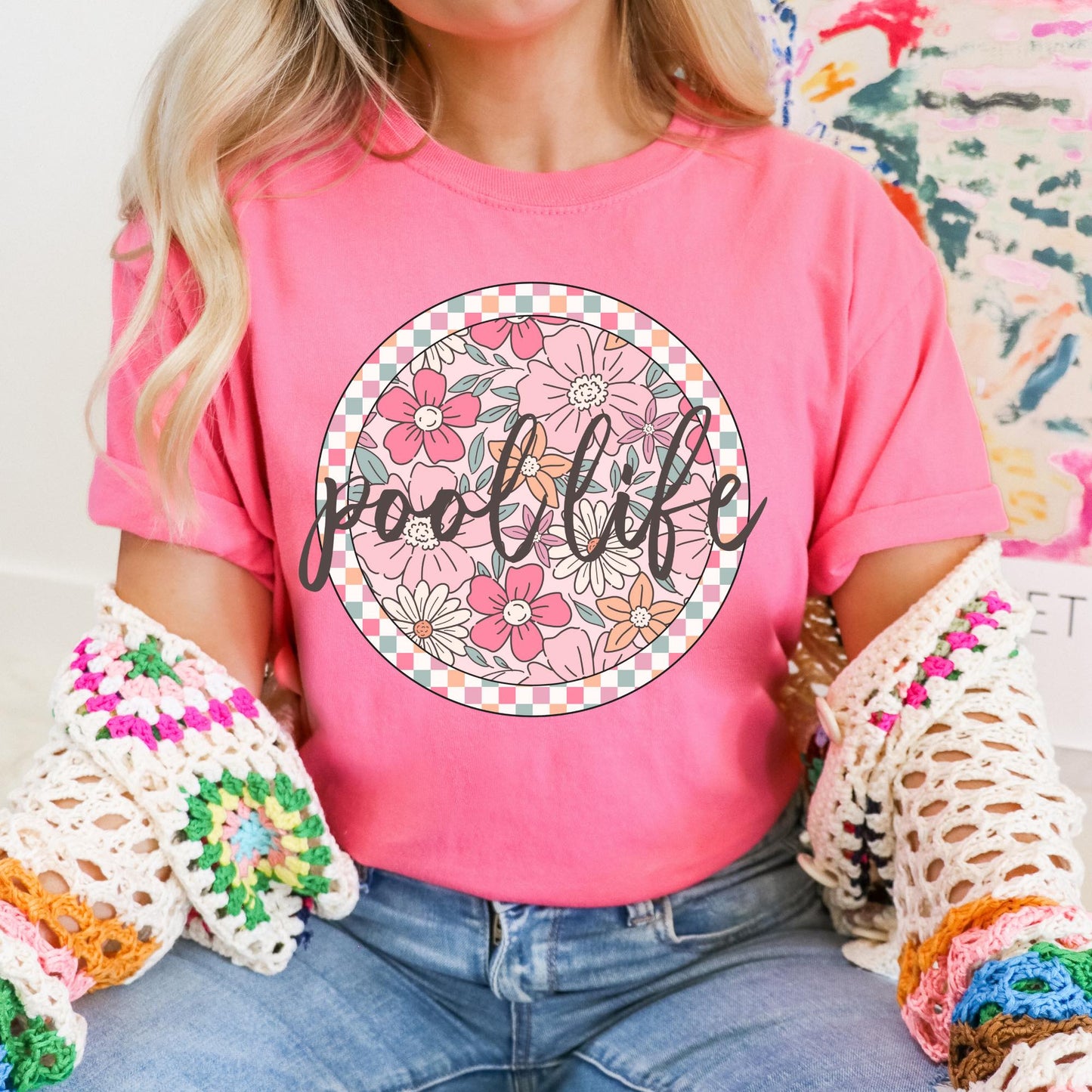 Floral Checkered Graphic Tees - Multiple Options