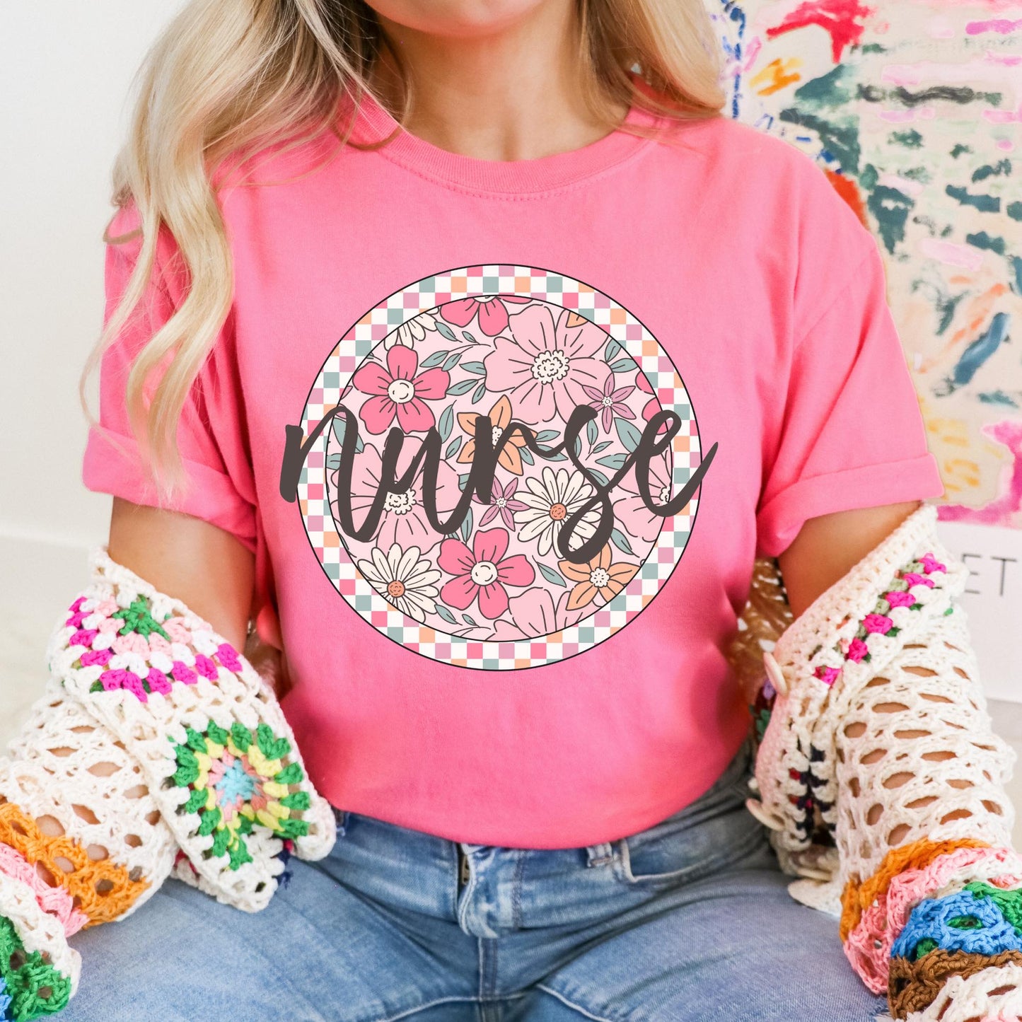 Floral Checkered Graphic Tees - Multiple Options