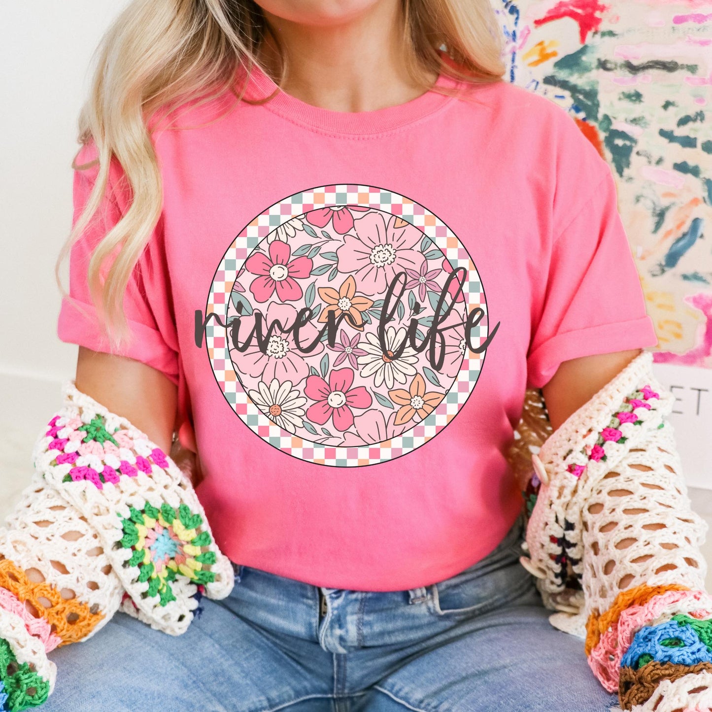 Floral Checkered Graphic Tees - Multiple Options
